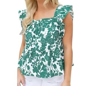 Hailey & Co Babydoll Blouse Flutter Sleeves Floral Green White Women's Small